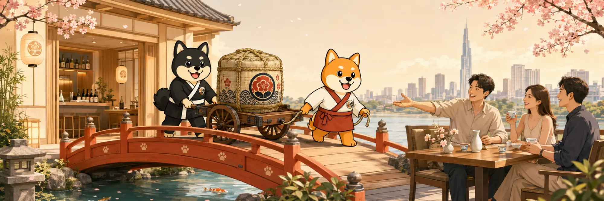 Shiba Shiba mascots carrying Japanese sake across a bridge toward guests in Vietnam