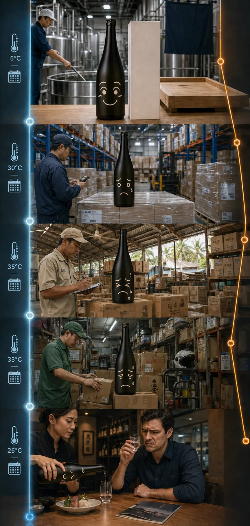 Traditional multi-layer sake distribution with unstable temperatures from brewery to restaurant