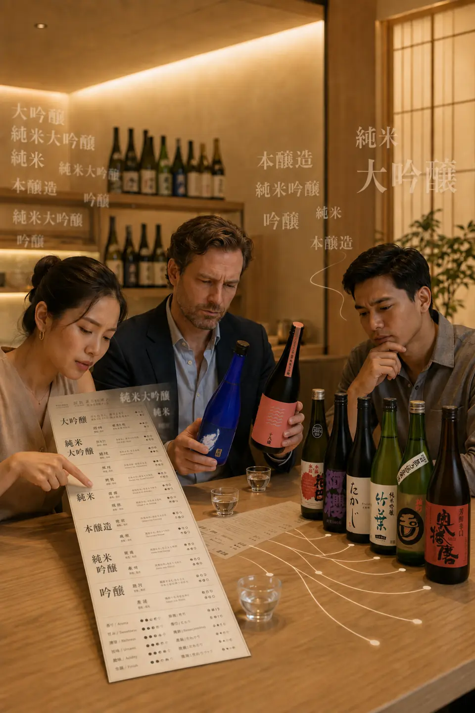 Restaurant guests struggling to understand and choose from a technical sake list