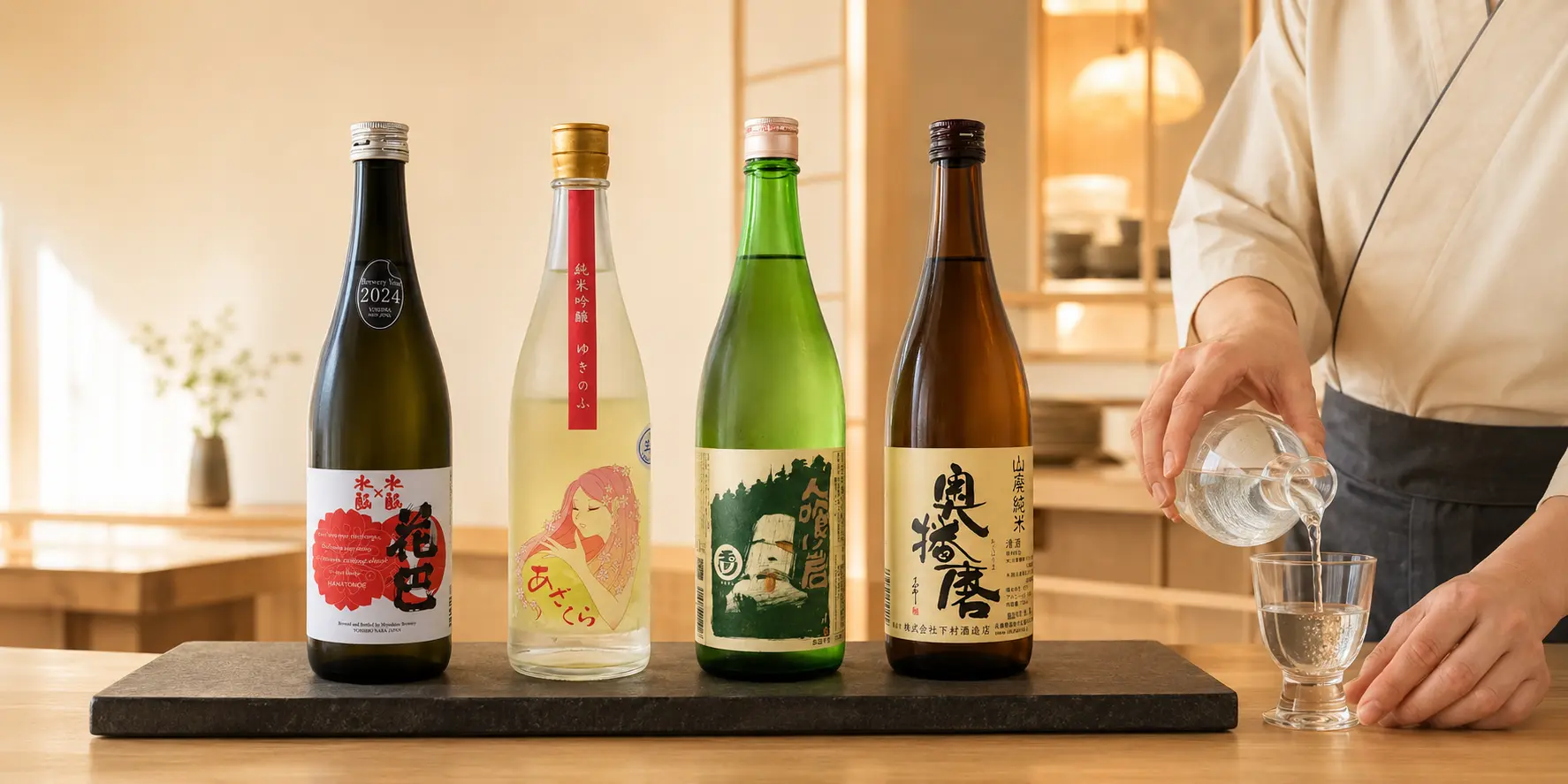 Four curated Japanese sake bottles presented for service