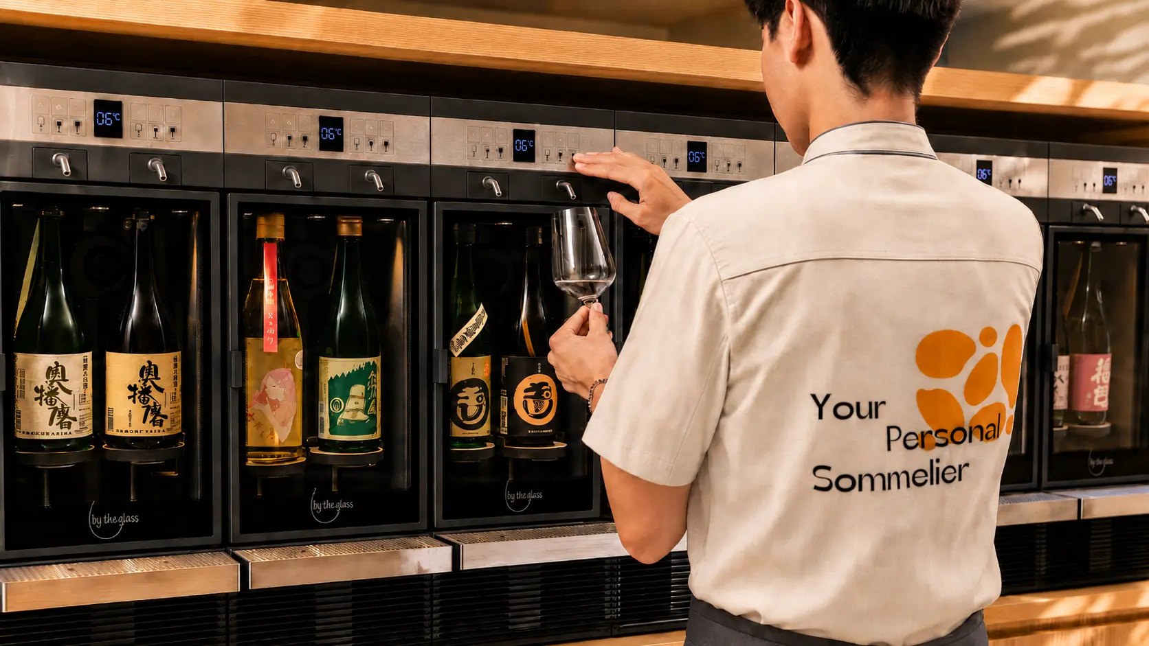Sake sommelier operating the Shiba Shiba by-the-glass dispenser