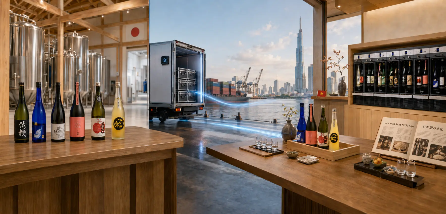 Japanese brewery, protected transport and professional sake service connected from Japan to Vietnam
